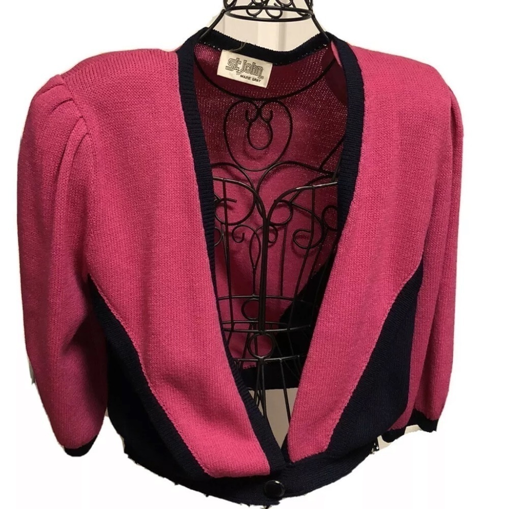Vtg St.John by Marie Gray Sz 8 Pink & Blue Cropped Cap Sleeve 1 Button Cardigan